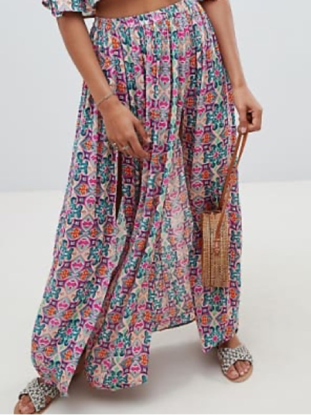 ASOS Frill Beach Mosaic Tile‎ Swim Cover Maxi Skirt Double Front Slits US 6 Boho